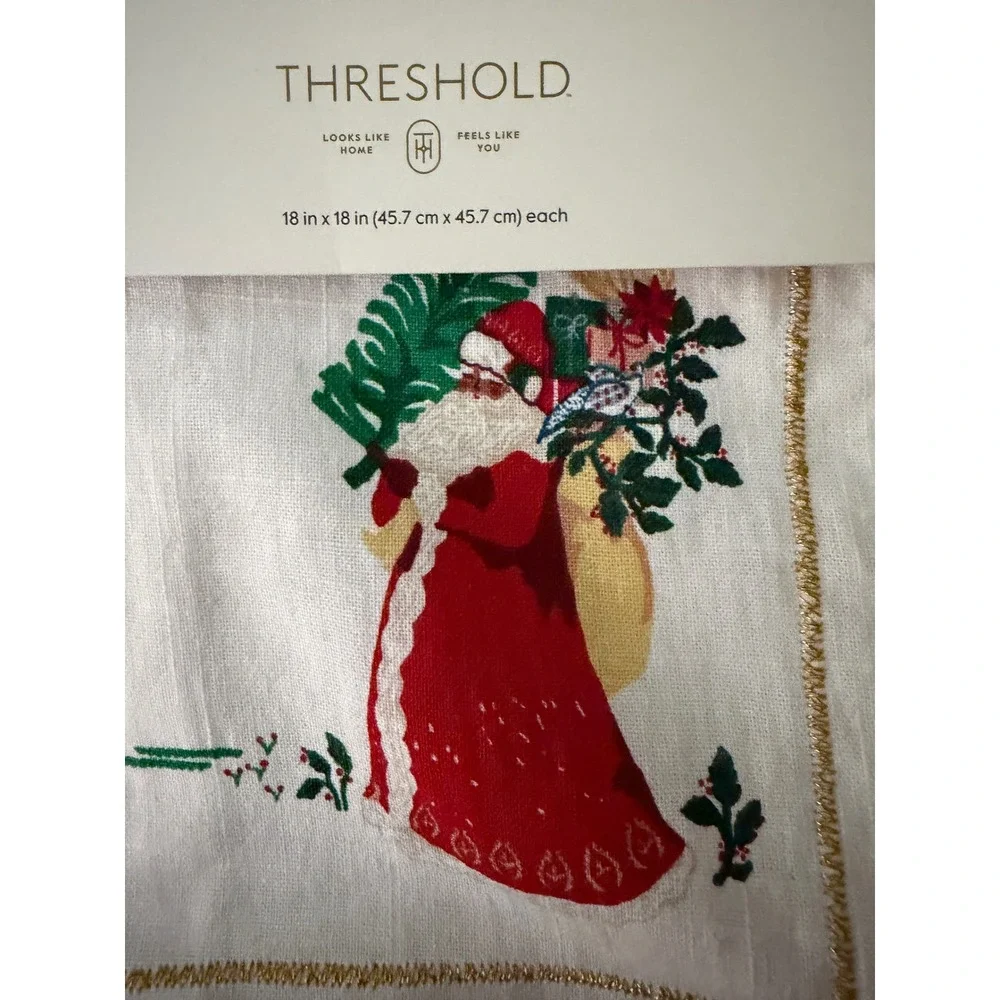 Threshold Christmas Napkins Set of 2 White Embroidered Santa Gold Trim new